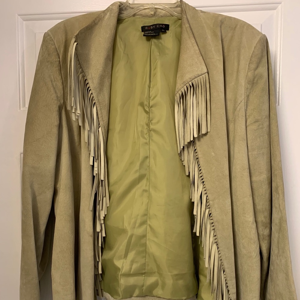 Women’s sage colored fringed suede jacket Size XL